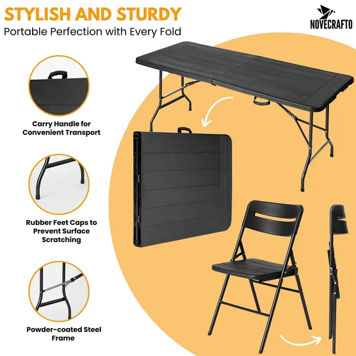 6ft Folding Table & 6 Folding Chairs Set - Heavy-Duty Black HDPE, Steel Frames Camping Table & Chairs for Indoor/Outdoor Use