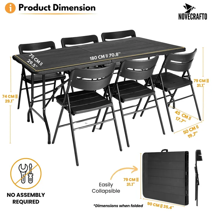 6ft Folding Table & 6 Folding Chairs Set - Heavy-Duty Black HDPE, Steel Frames Camping Table & Chairs for Indoor/Outdoor Use