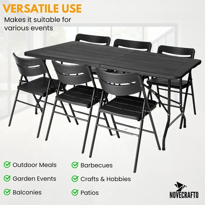 6ft Folding Table & 6 Folding Chairs Set - Heavy-Duty Black HDPE, Steel Frames Camping Table & Chairs for Indoor/Outdoor Use