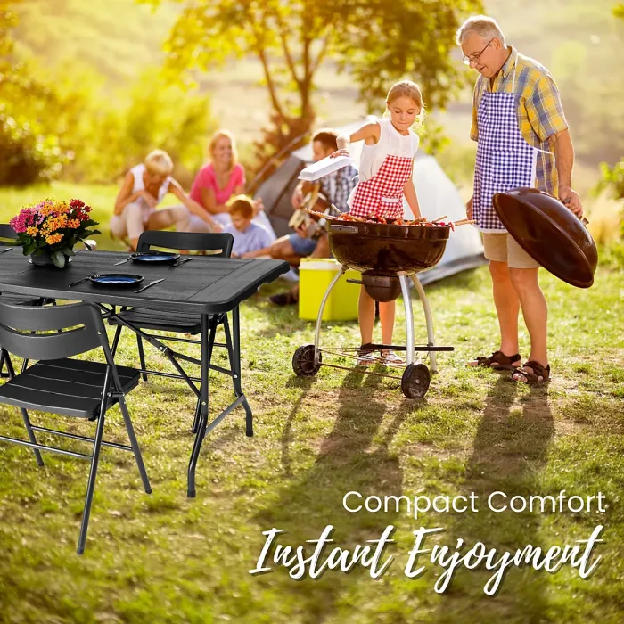 6ft Folding Table & 6 Folding Chairs Set - Heavy-Duty Black HDPE, Steel Frames Camping Table & Chairs for Indoor/Outdoor Use