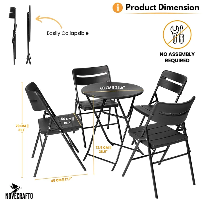 Small Round Folding Table & 4 Folding Chairs Set - HDPE Top Steel Frame for Indoor Outdoor Coffee, Office, Garden, Patio, Balcony