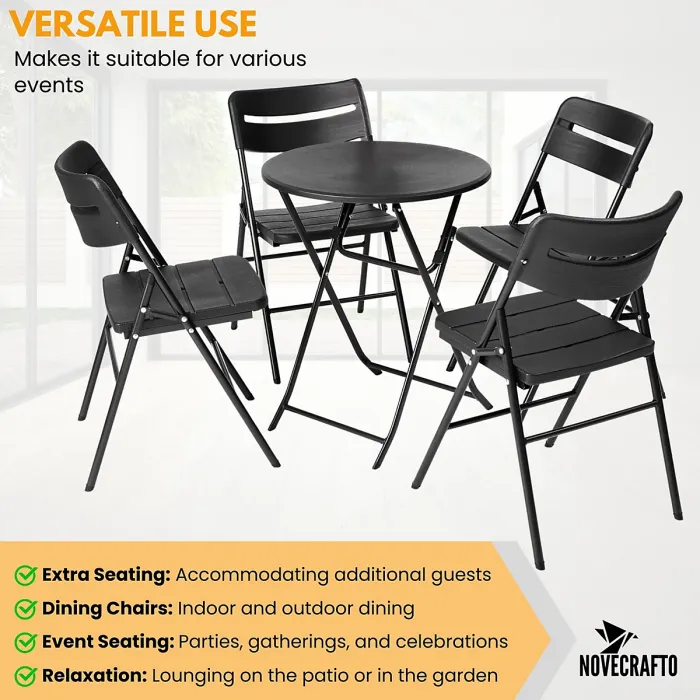 Small Round Folding Table & 4 Folding Chairs Set - HDPE Top Steel Frame for Indoor Outdoor Coffee, Office, Garden, Patio, Balcony