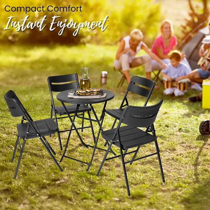 Small Round Folding Table & 4 Folding Chairs Set - HDPE Top Steel Frame for Indoor Outdoor Coffee, Office, Garden, Patio, Balcony