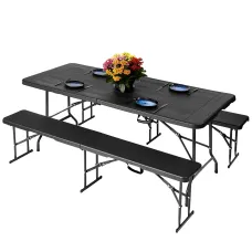 6ft Folding Table & 2 Folding Benches Set - Heavy-Duty Black HDPE, Steel Frames, Wood Grain Pattern, Indoor/Outdoor Use