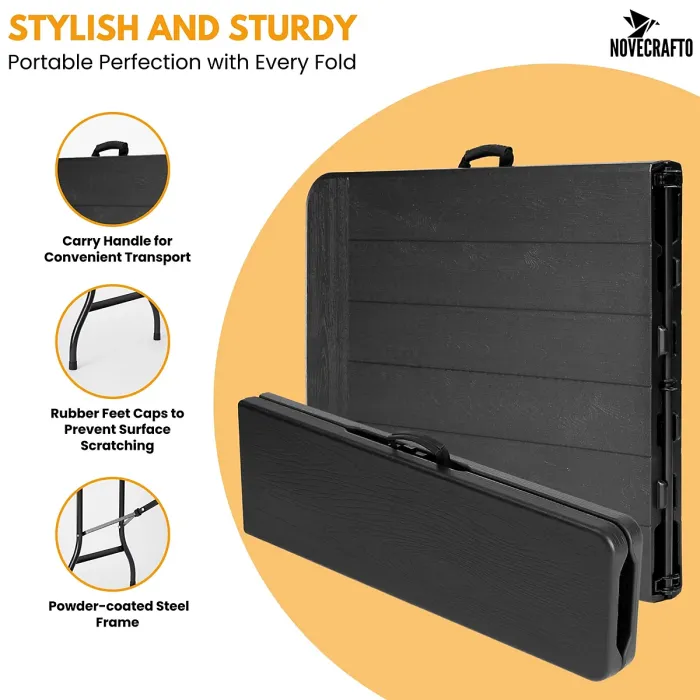 6ft Folding Table & 2 Folding Benches Set - Heavy-Duty Black HDPE, Steel Frames, Wood Grain Pattern, Indoor/Outdoor Use