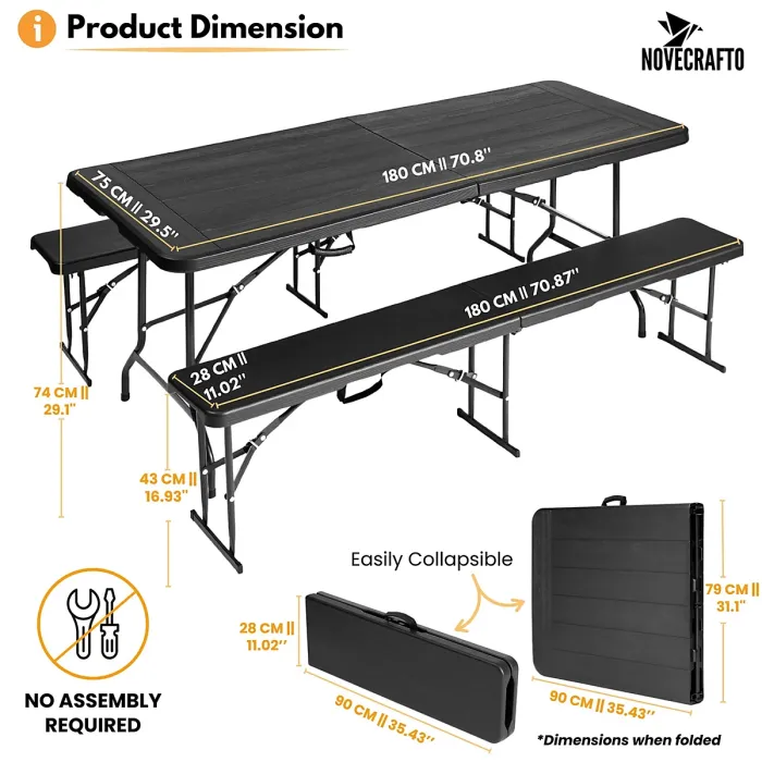 6ft Folding Table & 2 Folding Benches Set - Heavy-Duty Black HDPE, Steel Frames, Wood Grain Pattern, Indoor/Outdoor Use