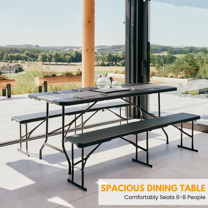 6ft Folding Table & 2 Folding Benches Set - Heavy-Duty Black HDPE, Steel Frames, Wood Grain Pattern, Indoor/Outdoor Use