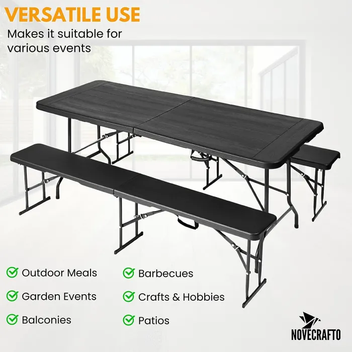 6ft Folding Table & 2 Folding Benches Set - Heavy-Duty Black HDPE, Steel Frames, Wood Grain Pattern, Indoor/Outdoor Use