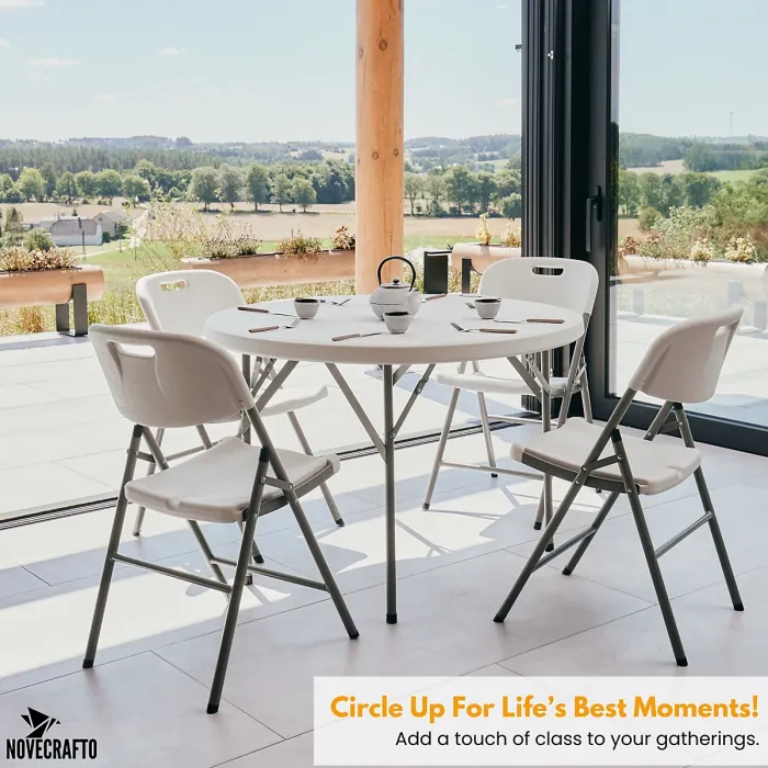 Round Folding Table & 4 Folding Chair Set HDPE Top Steel Frame for Indoor Outdoor Coffee, Office, Garden, Patio, Balcony