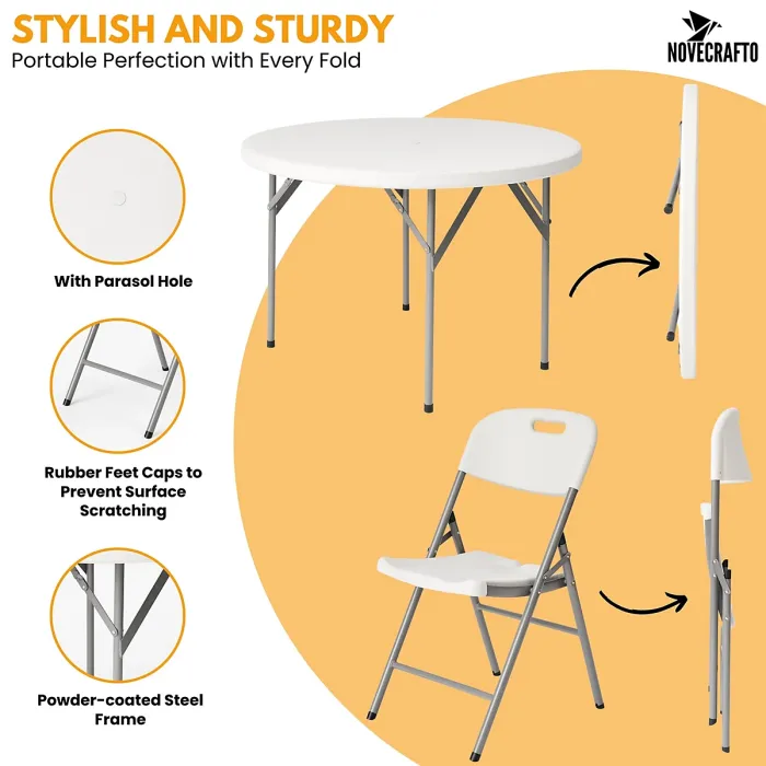 Round Folding Table & 4 Folding Chair Set HDPE Top Steel Frame for Indoor Outdoor Coffee, Office, Garden, Patio, Balcony