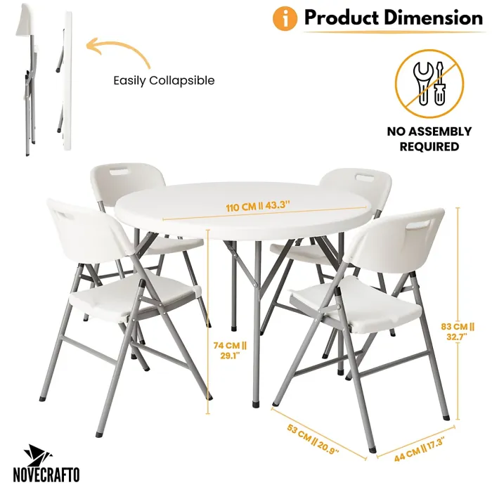 Round Folding Table & 4 Folding Chair Set HDPE Top Steel Frame for Indoor Outdoor Coffee, Office, Garden, Patio, Balcony