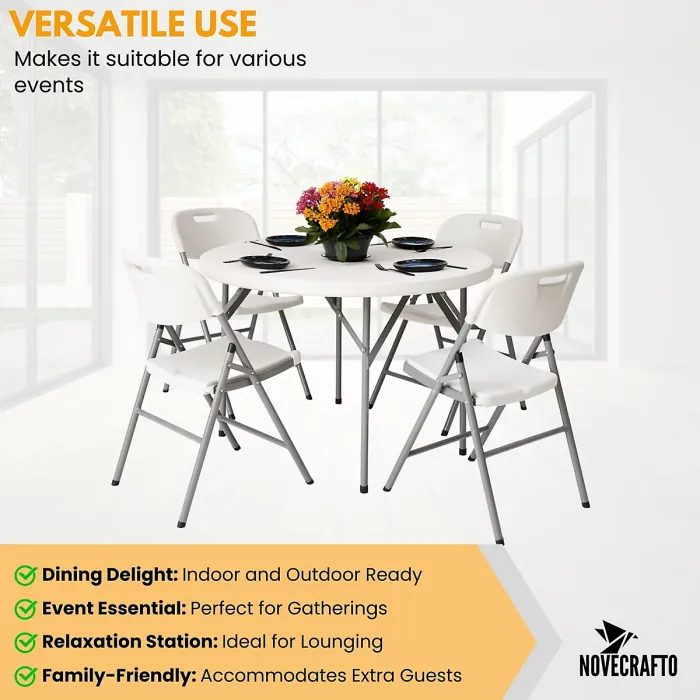 Round Folding Table & 4 Folding Chair Set HDPE Top Steel Frame for Indoor Outdoor Coffee, Office, Garden, Patio, Balcony