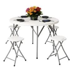 Round Folding Table & 4 Folding Stool Set with Parasol Hole & Built-in Handle ideal for Kitchen, Indoor Outdoor, Camping