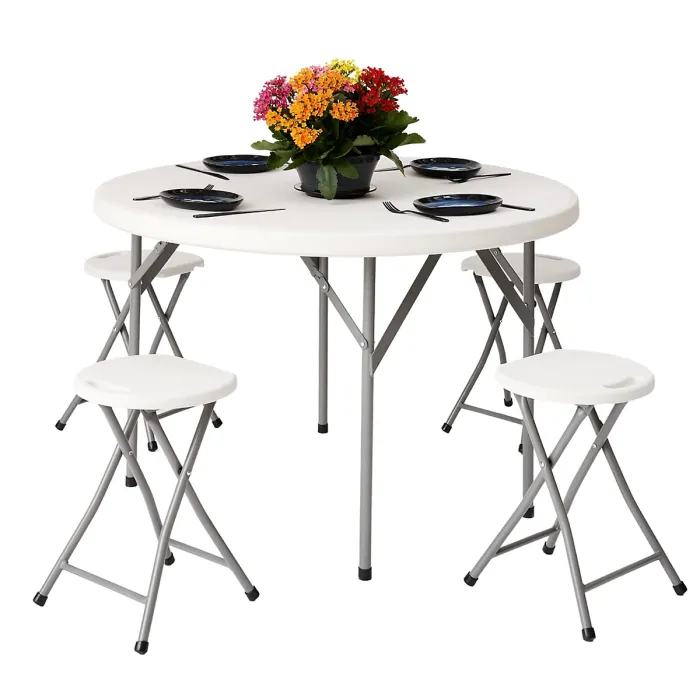 Round Folding Table & 4 Folding Stool Set with Parasol Hole & Built-in Handle ideal for Kitchen, Indoor Outdoor, Camping