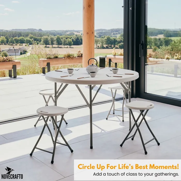 Round Folding Table & 4 Folding Stool Set with Parasol Hole & Built-in Handle ideal for Kitchen, Indoor Outdoor, Camping