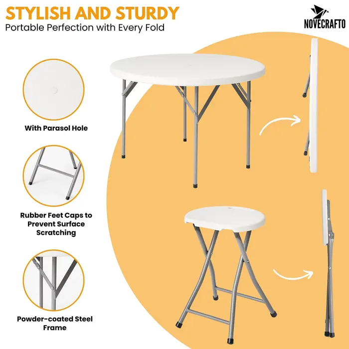 Round Folding Table & 4 Folding Stool Set with Parasol Hole & Built-in Handle ideal for Kitchen, Indoor Outdoor, Camping