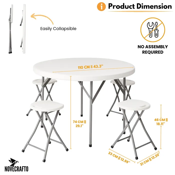 Round Folding Table & 4 Folding Stool Set with Parasol Hole & Built-in Handle ideal for Kitchen, Indoor Outdoor, Camping