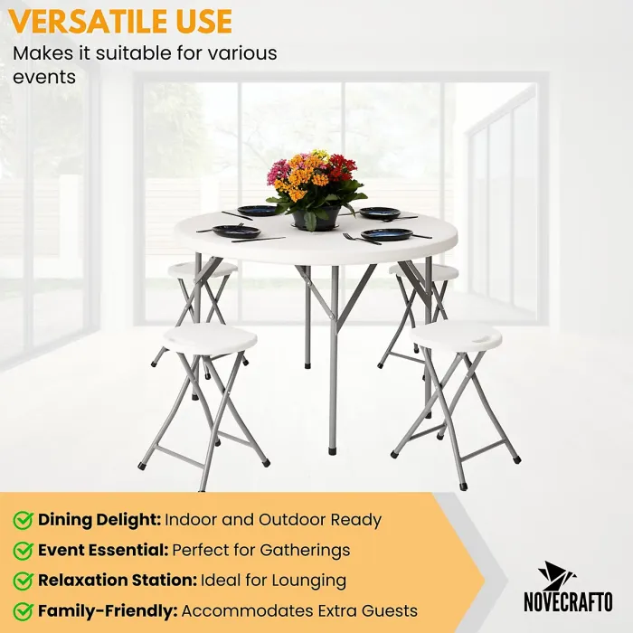 Round Folding Table & 4 Folding Stool Set with Parasol Hole & Built-in Handle ideal for Kitchen, Indoor Outdoor, Camping