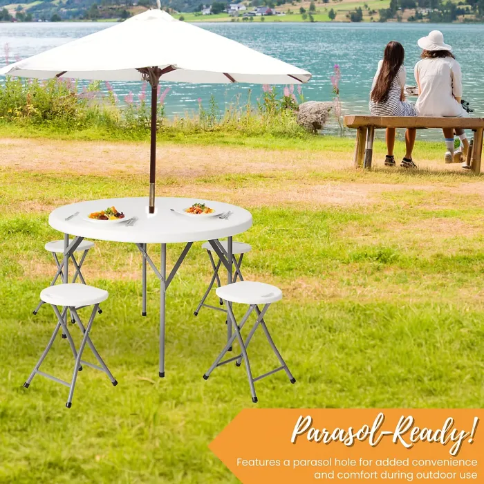 Round Folding Table & 4 Folding Stool Set with Parasol Hole & Built-in Handle ideal for Kitchen, Indoor Outdoor, Camping