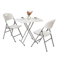 Folding Table & 2 White Folding Chair Set - Height Adjustable Table & White Chair for Camping, Garden, BBQ, and Kitchen