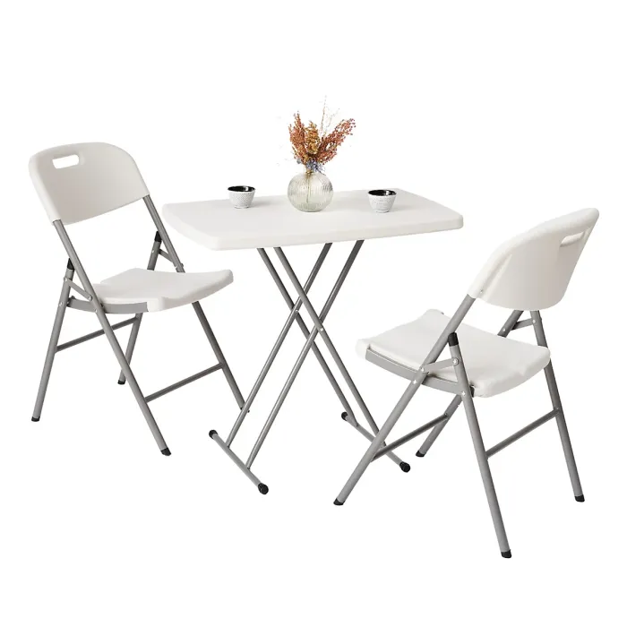 Folding Table & 2 White Folding Chair Set - Height Adjustable Table & White Chair for Camping, Garden, BBQ, and Kitchen