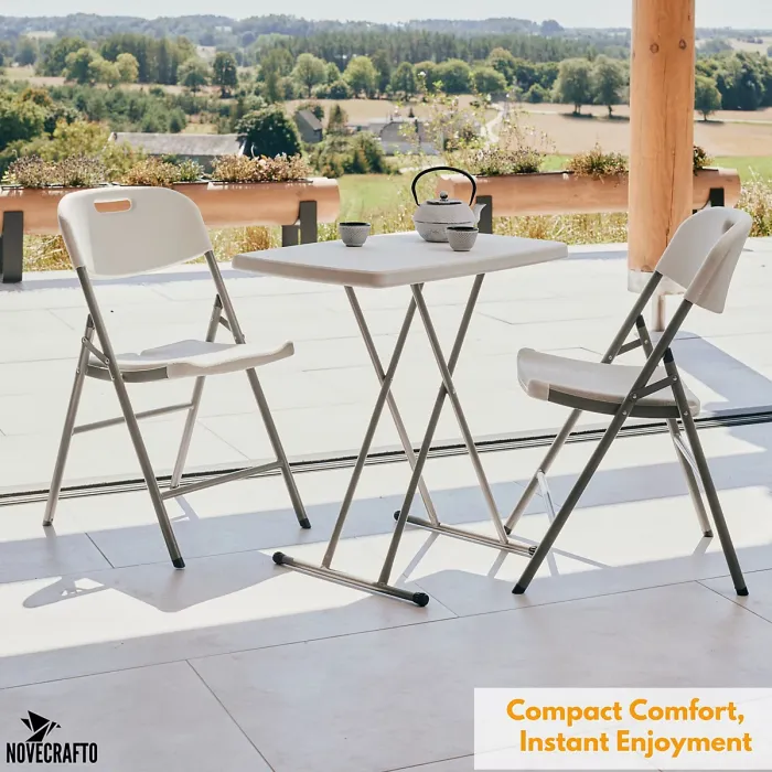 Folding Table & 2 White Folding Chair Set - Height Adjustable Table & White Chair for Camping, Garden, BBQ, and Kitchen