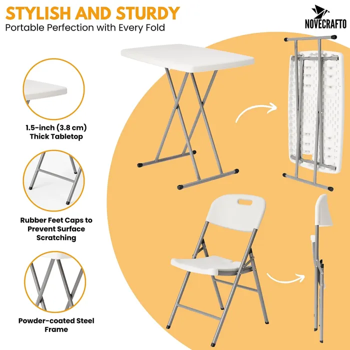 Folding Table & 2 White Folding Chair Set - Height Adjustable Table & White Chair for Camping, Garden, BBQ, and Kitchen