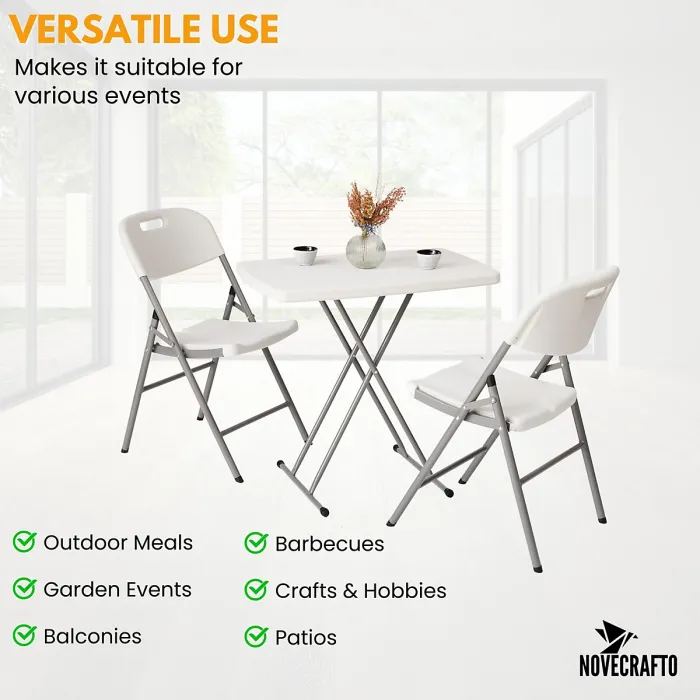 Folding Table & 2 White Folding Chair Set - Height Adjustable Table & White Chair for Camping, Garden, BBQ, and Kitchen