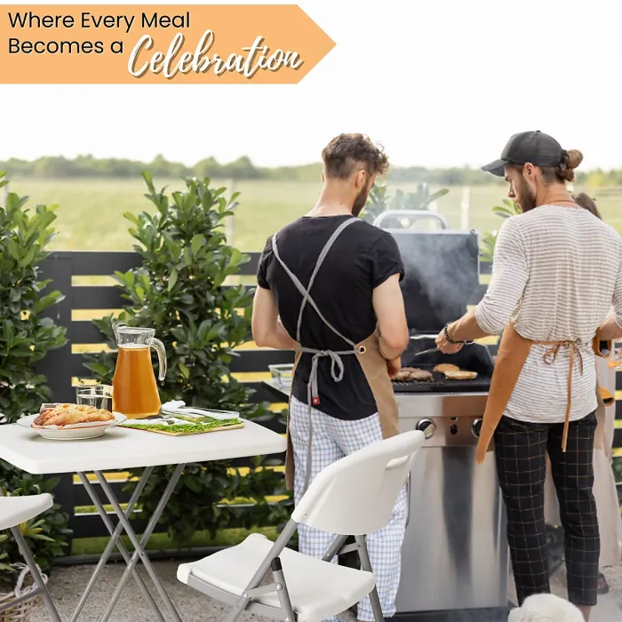 Folding Table & 2 White Folding Chair Set - Height Adjustable Table & White Chair for Camping, Garden, BBQ, and Kitchen