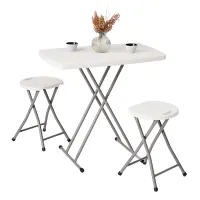 Small Folding Table & 2 Folding Stool Set - Built-in Handle & Protective Feet - Ideal for Kitchen, Desks, Camping & Extra Seating