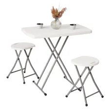 Small Folding Table & 2 Folding Stool Set - Built-in Handle & Protective Feet - Ideal for Kitchen, Desks, Camping & Extra Seating