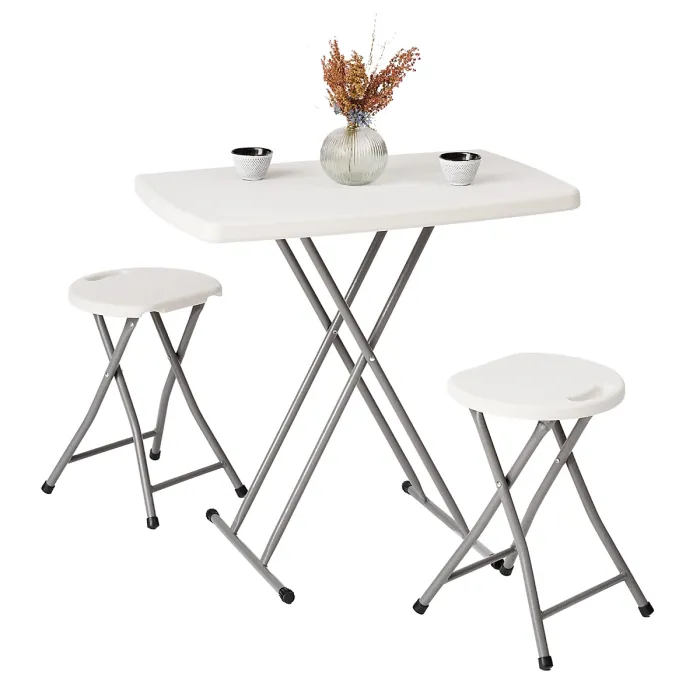 Small Folding Table & 2 Folding Stool Set - Built-in Handle & Protective Feet - Ideal for Kitchen, Desks, Camping & Extra Seating