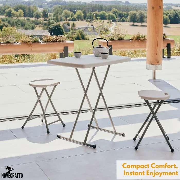Small Folding Table & 2 Folding Stool Set - Built-in Handle & Protective Feet - Ideal for Kitchen, Desks, Camping & Extra Seating
