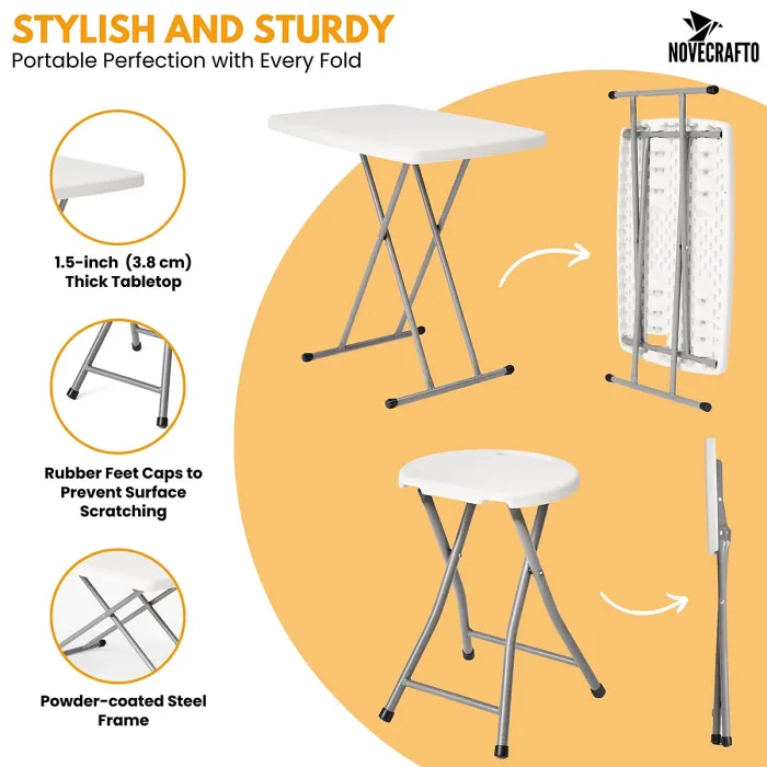 Small Folding Table & 2 Folding Stool Set - Built-in Handle & Protective Feet - Ideal for Kitchen, Desks, Camping & Extra Seating
