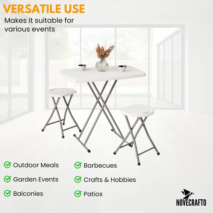 Small Folding Table & 2 Folding Stool Set - Built-in Handle & Protective Feet - Ideal for Kitchen, Desks, Camping & Extra Seating