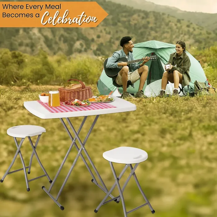 Small Folding Table & 2 Folding Stool Set - Built-in Handle & Protective Feet - Ideal for Kitchen, Desks, Camping & Extra Seating