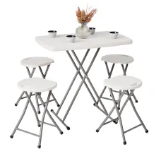 Small Folding Table & 4 Folding Stool Set - Built-in Handle & Protective Feet - Ideal for Kitchen, Desks, Camping & Extra Seating