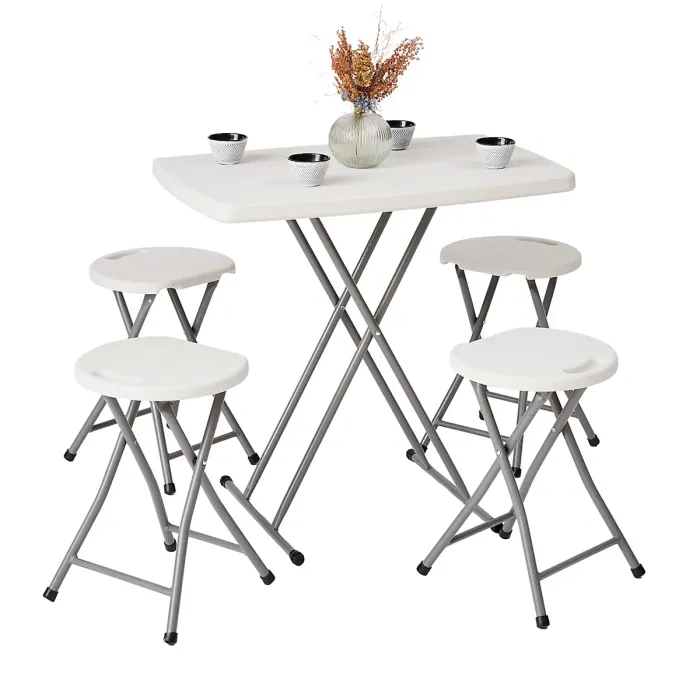 Small Folding Table & 4 Folding Stool Set - Built-in Handle & Protective Feet - Ideal for Kitchen, Desks, Camping & Extra Seating