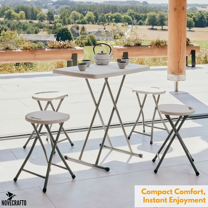 Small Folding Table & 4 Folding Stool Set - Built-in Handle & Protective Feet - Ideal for Kitchen, Desks, Camping & Extra Seating
