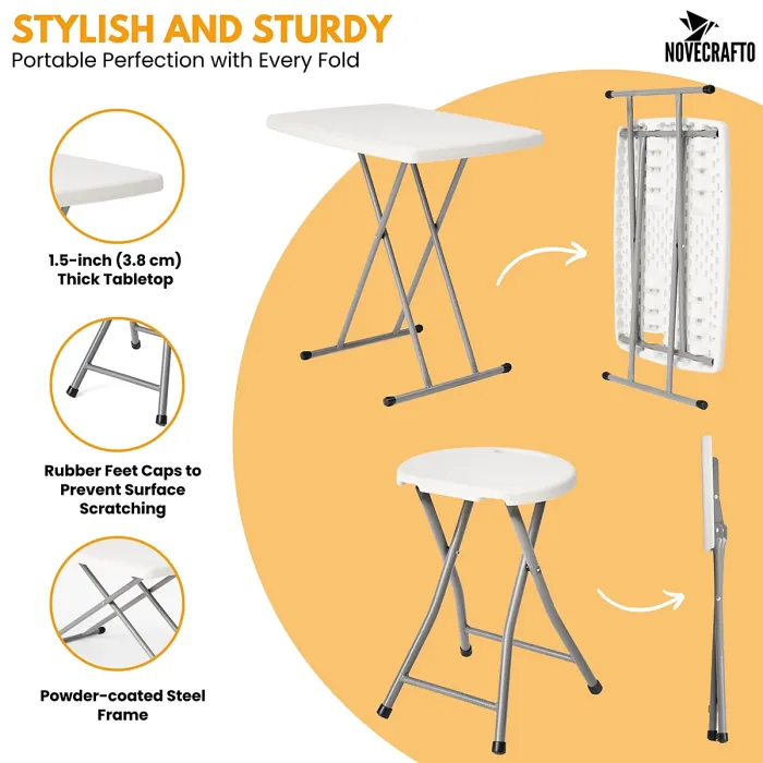 Small Folding Table & 4 Folding Stool Set - Built-in Handle & Protective Feet - Ideal for Kitchen, Desks, Camping & Extra Seating
