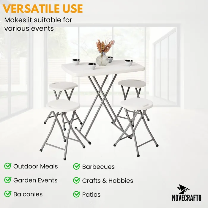Small Folding Table & 4 Folding Stool Set - Built-in Handle & Protective Feet - Ideal for Kitchen, Desks, Camping & Extra Seating