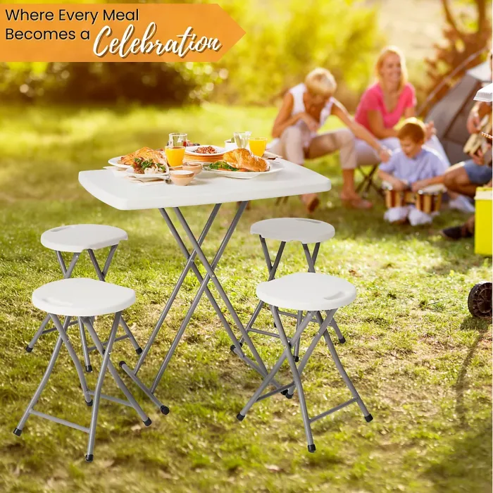 Small Folding Table & 4 Folding Stool Set - Built-in Handle & Protective Feet - Ideal for Kitchen, Desks, Camping & Extra Seating