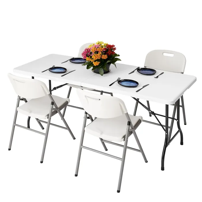 6ft Folding Table & 4 Folding Chairs Set - Easy-to-Store, Heavy-Duty White HDPE, Steel Frames for Indoor/Outdoor Use