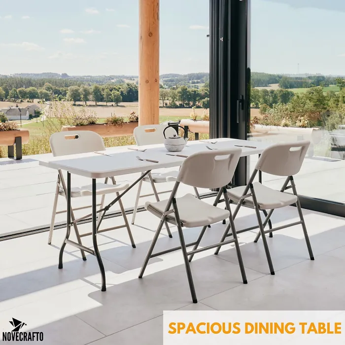6ft Folding Table & 4 Folding Chairs Set - Easy-to-Store, Heavy-Duty White HDPE, Steel Frames for Indoor/Outdoor Use