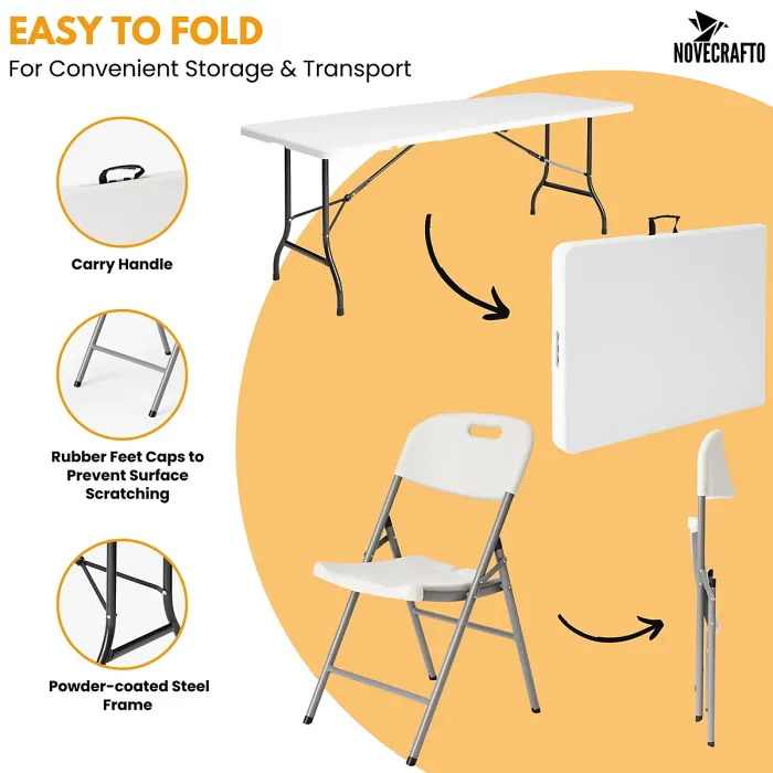 6ft Folding Table & 4 Folding Chairs Set - Easy-to-Store, Heavy-Duty White HDPE, Steel Frames for Indoor/Outdoor Use