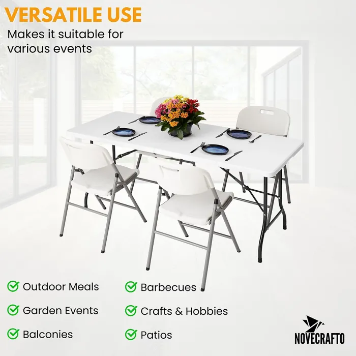 6ft Folding Table & 4 Folding Chairs Set - Easy-to-Store, Heavy-Duty White HDPE, Steel Frames for Indoor/Outdoor Use