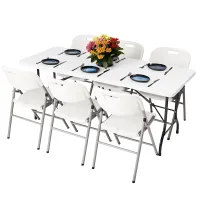 6ft Folding Table & 6 Folding Chairs Set - Easy-to-Store, Heavy-Duty White HDPE, Steel Frames for Indoor/Outdoor Use