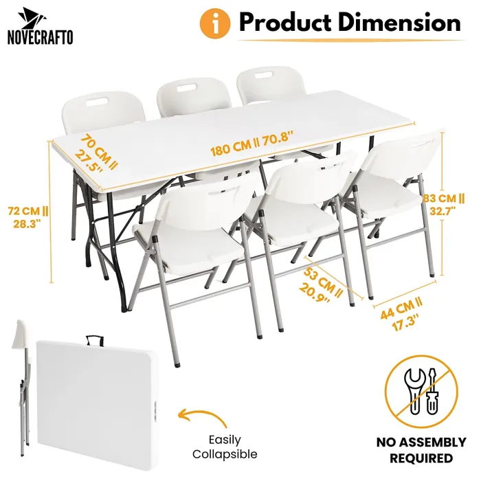 6ft Folding Table & 6 Folding Chairs Set - Easy-to-Store, Heavy-Duty White HDPE, Steel Frames for Indoor/Outdoor Use