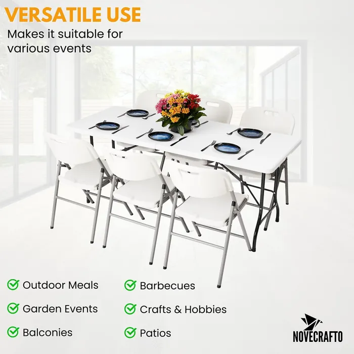 6ft Folding Table & 6 Folding Chairs Set - Easy-to-Store, Heavy-Duty White HDPE, Steel Frames for Indoor/Outdoor Use