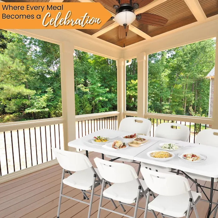 6ft Folding Table & 6 Folding Chairs Set - Easy-to-Store, Heavy-Duty White HDPE, Steel Frames for Indoor/Outdoor Use